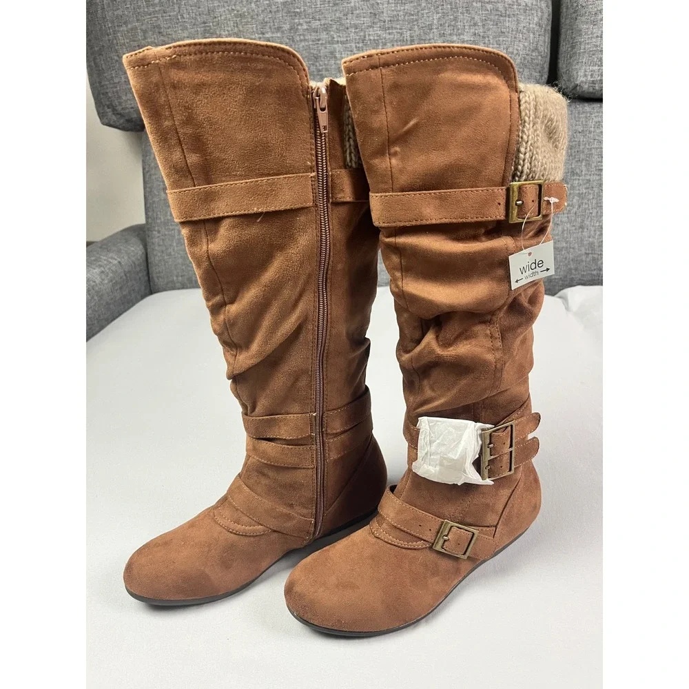 Bongo Myrina‎ Women 8.5W Brown Faux Suede Slouch Tall Boots Knit Cuff Wide Width